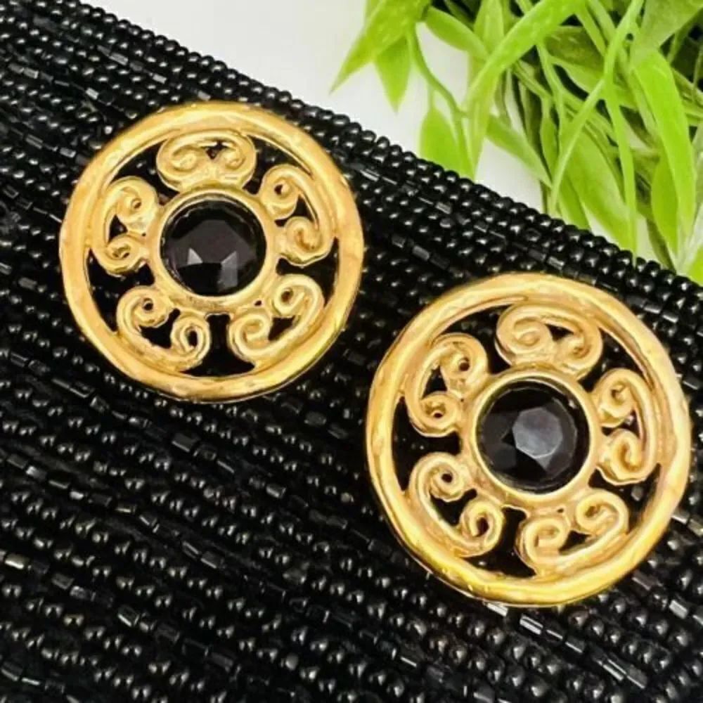Vintage Carol Dauplaise Brushed Satin Gold Lace Black Center Large Earrings
